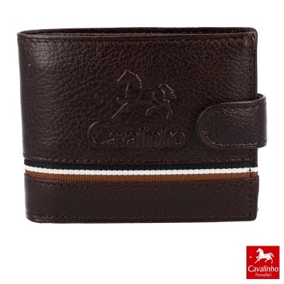 Carteira masculina em pele castanho escuro com faixa decorativa e logo Cavalinho