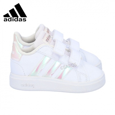 Sapatilhas infantis Adidas brancas com riscas iridescentes e fecho de velcro