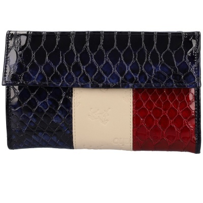Carteira pele verniz azul, branca e vermelha padrão escamas