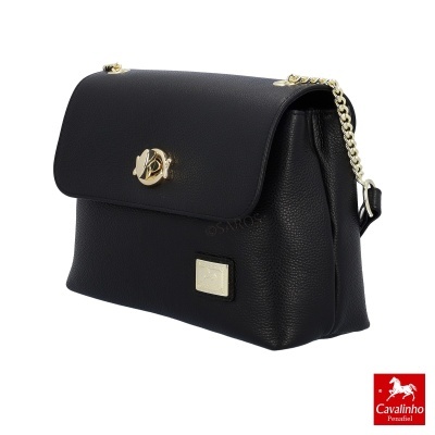 Mala preta de senhora em pele com fecho e alça dourados