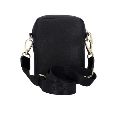 Mala pequena preta com alça preta ajustável e ganchos metálicos dourados