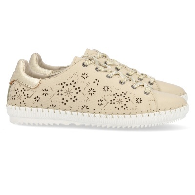 sapatilhas bege de couro com padrão perfurado e sola branca