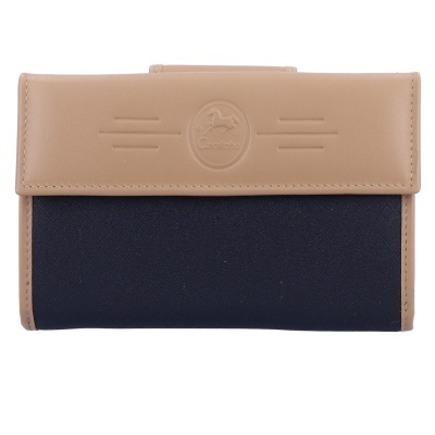 Carteira bicolor castanho claro e azul escuro com relevo de cavalo e texto Chevalier