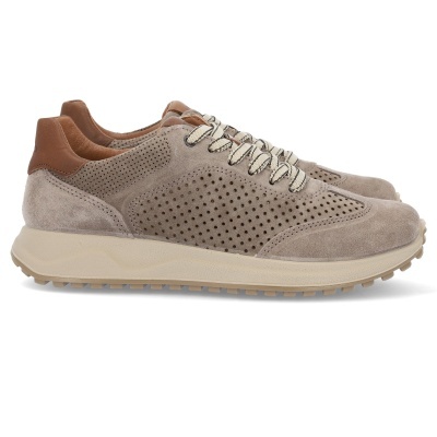 Sapatilhas masculinas bege de camurça com detalhes castanhos e sola de borracha