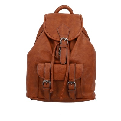 Mochila castanha de material imitação couro com fivelas metálicas e nome MATTIES