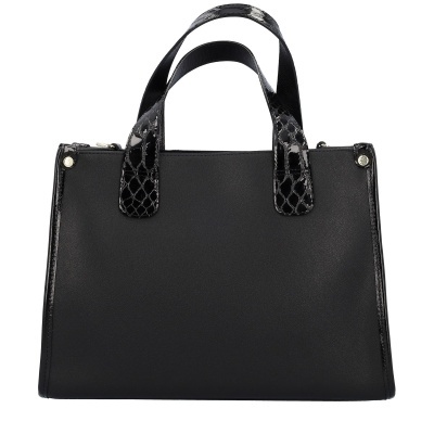 Mala de senhora preta com alças em padrão de pele de crocodilo preto brilhante