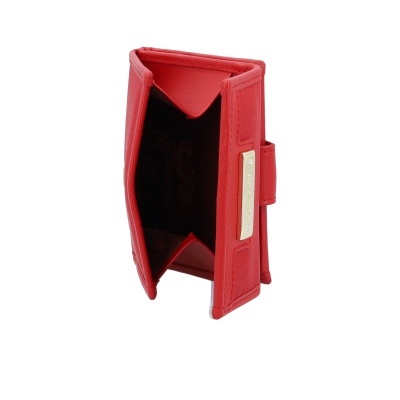 Carteira vermelha com fecho dourado e interior preto aberta