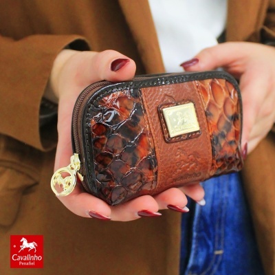 Carteira castanha em couro com padrão de pele de réptil e detalhe metálico dourado nas mãos de uma pessoa