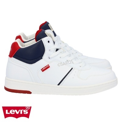 Sapatilhas Levi's brancas com detalhes em vermelho e azul escuro