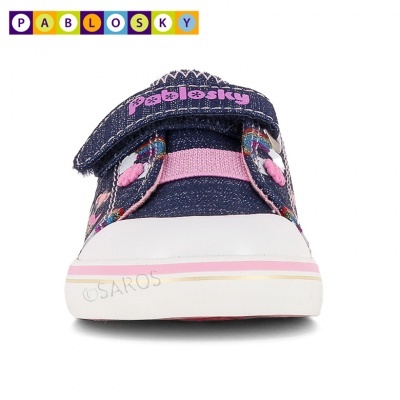 Sapato infantil azul escuro com velcro rosa e sola branca