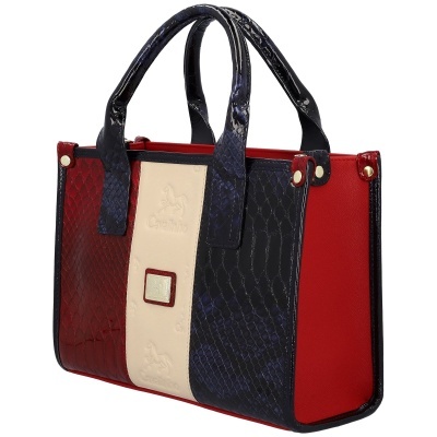 Mala de mão Cavalinho vermelho, bege e azul escuro com padrão pele de cobra