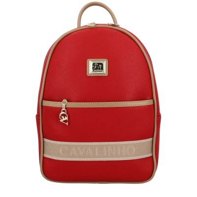 Mochila vermelha com detalhes em bege e etiqueta Cavalinho