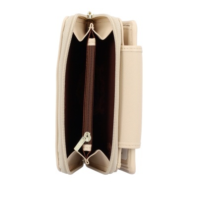 Carteira bege com fecho de correr e interior castanho