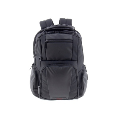 Mochila preta de tecido com vários bolsos e alças acolchoadas