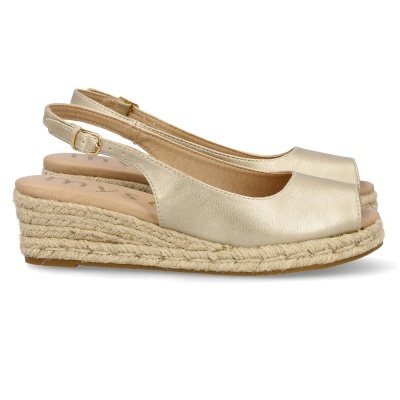 Sandálias de cunha douradas com salto de corda e tira ajustável