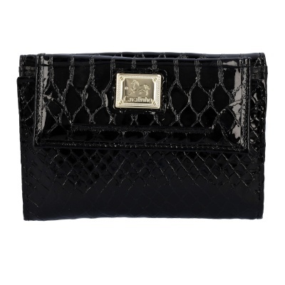 Carteira preta de verniz com padrão croco e placa metálica Cavalinho