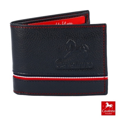 Carteira preta em couro com detalhes vermelhos e faixa tricolor