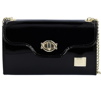 Carteira ou mala preta em verniz com fecho dourado e corrente dourada