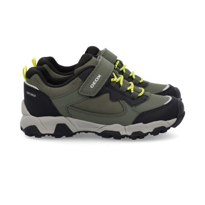 Sapatilhas infantis Geox Amphibiox verde preto com sola cinzenta e atacadores amarelo