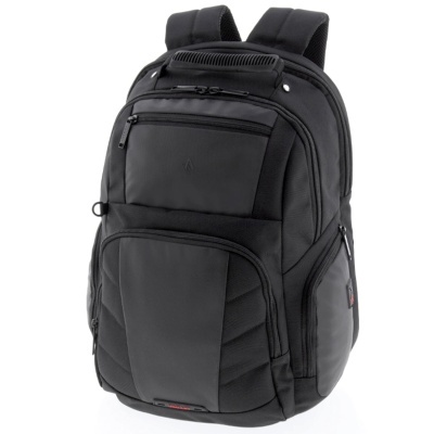 Mochila preta com vários compartimentos e alças acolchoadas