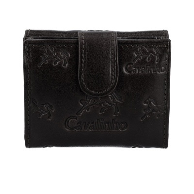 Carteira preta de couro com textura de cavalos e texto Cavallinho