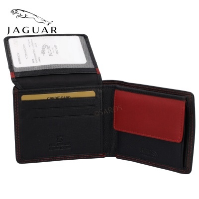 Carteira de pele preta com interior vermelho e várias divisórias para cartões