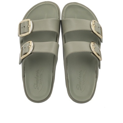 Sandálias Skechers verdes com duas tiras largas e fivelas douradas, vista superior