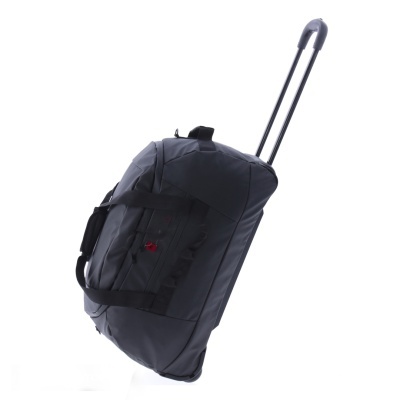 Mala de viagem preta com rodas e alça de puxar telescópica.