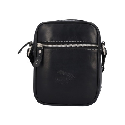 Mala tiracolo preta em pele com fecho de correr e logo Jaguar