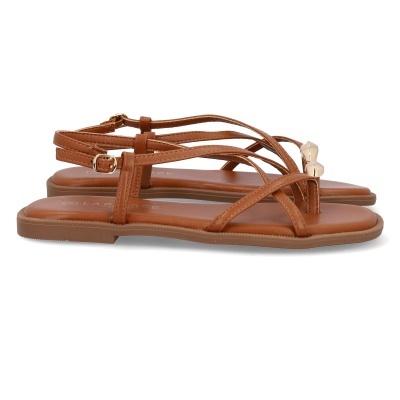 Sandálias rasas castanhas com tiras finas e laço bege