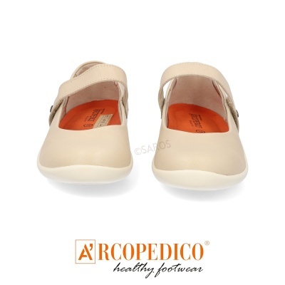 Sapatos femininos Arcopedico bege com sola branca e interior laranja