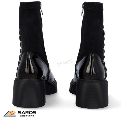 Botins pretos femininos SAROS com salto grosso e atacadores