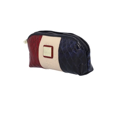 Necessaire pequena tricolor em pele com textura de escamas e placa dourada