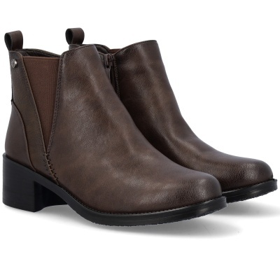 Botins castanhos de pele sintética com fecho lateral e salto médio preto