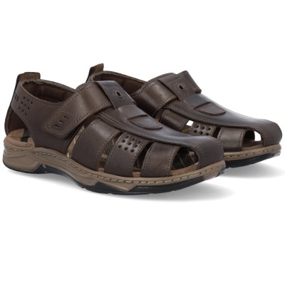 Sandálias de pele castanha com fecho velcro e sola beige preta