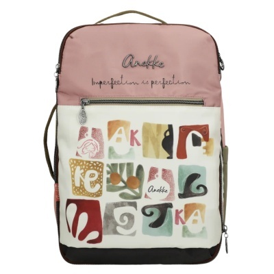 Mochila retangular rosa e branca com padrões e texto Anekke