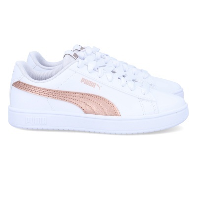 Ténis Puma brancos com listra rosa dourado e sola de borracha