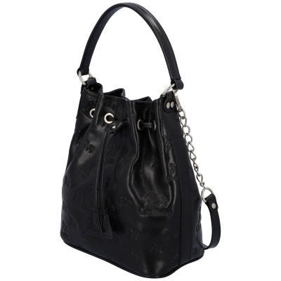 Mala preta de senhora tipo saco em pele com padrão texturizado e alça em pele e metal prateado