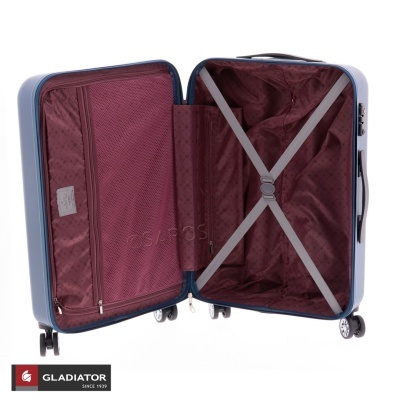 Mala de viagem rígida azul claro aberta a mostrar interior granada e cintas cruzadas