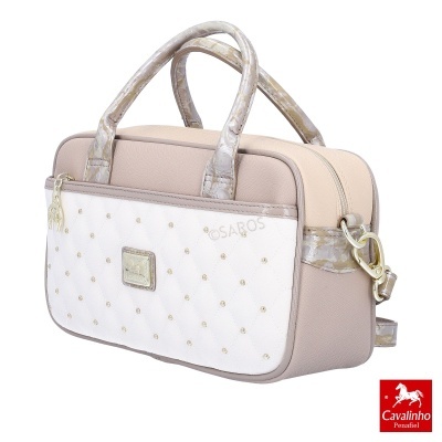 Bolsa feminina rosa clara com bolso frontal branco e alças marmoreadas