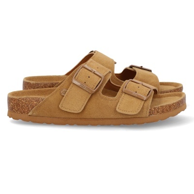 Sandálias castanhas em camurça com duas fivelas ajustáveis e sola de cortiça