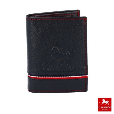 Carteira preta em pele com costura vermelha e faixa colorida