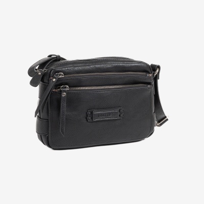 Bolsa de ombro preta em pele com vários fechos de correr e etiqueta MATTHEW