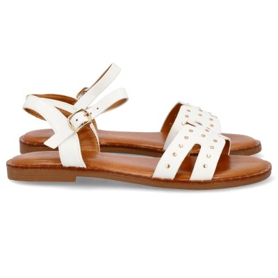 Sandálias brancas com rebites dourados e sola castanha
