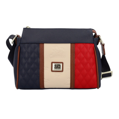 Mala transversal Cavalinho com padrão acolchoado azul, vermelho, bege e detalhes castanhos.