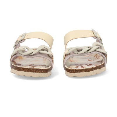 Sandálias femininas bege claro com sola de cortiça e tiras trançadas