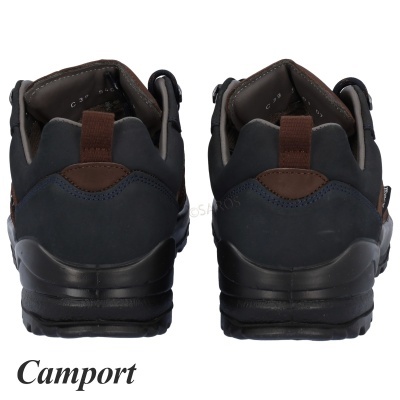 Sapatos masculinos azuis com detalhes castanhos vistos de trás.