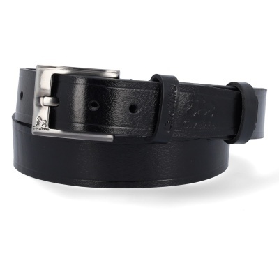 Cinto preto em pele com fivela metálica prateada e logo Cavalinho