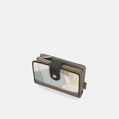 Carteira feminina retangular com padrão geométrico e botão preto