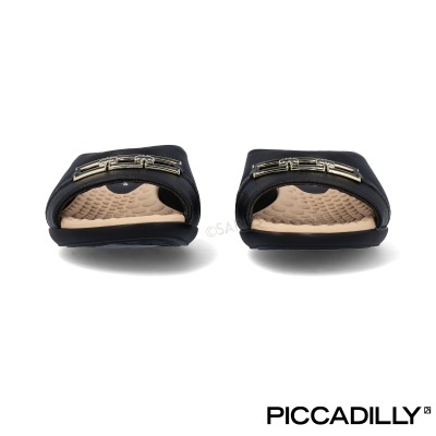 Chinelos femininos pretos com detalhe dourado e palmilha bege